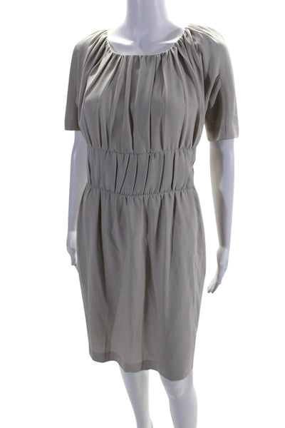 Jil Sander Womens Pleated Round Neck Short Sleeve Zip Up Dress Beige Size 34