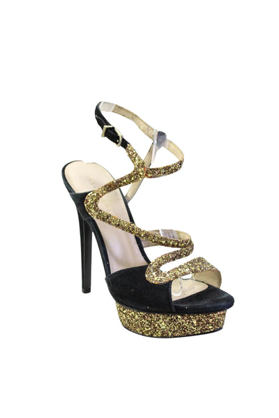 Pelle Moda Womens Glitter Suede Strappy Stiletto Sandals Black Gold Size 7.5