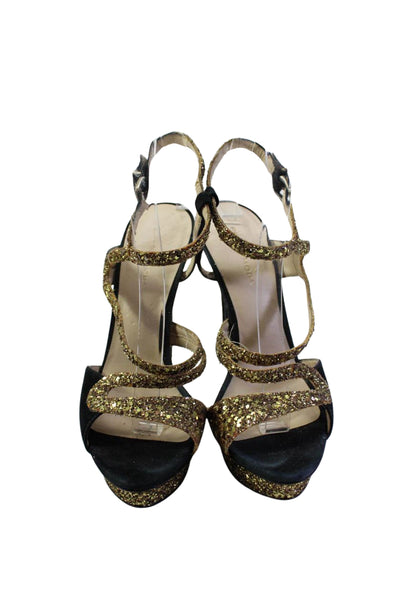 Pelle Moda Womens Glitter Suede Strappy Stiletto Sandals Black Gold Size 7.5