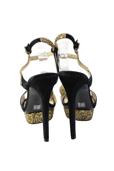 Pelle Moda Womens Glitter Suede Strappy Stiletto Sandals Black Gold Size 7.5