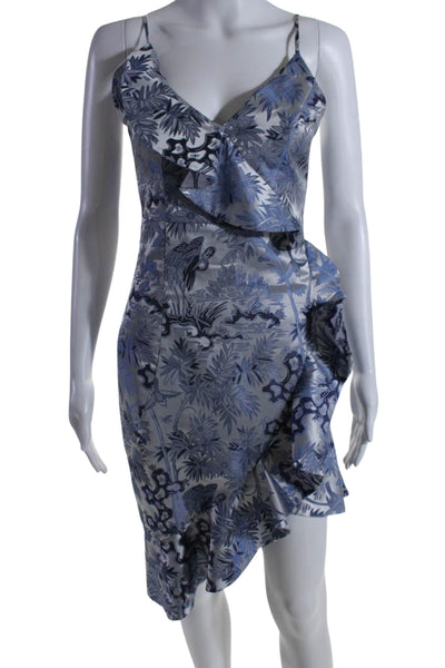 Alice McCall Womens Floral Print V Neck Ruffle Pencil Dress Blue Size 2