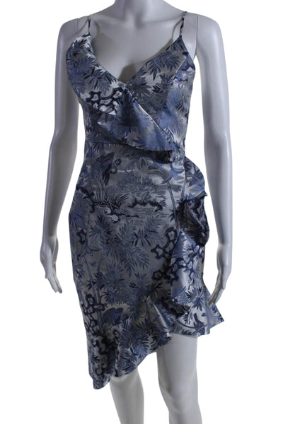 Alice McCall Womens Floral Print V Neck Ruffle Pencil Dress Blue Size 2