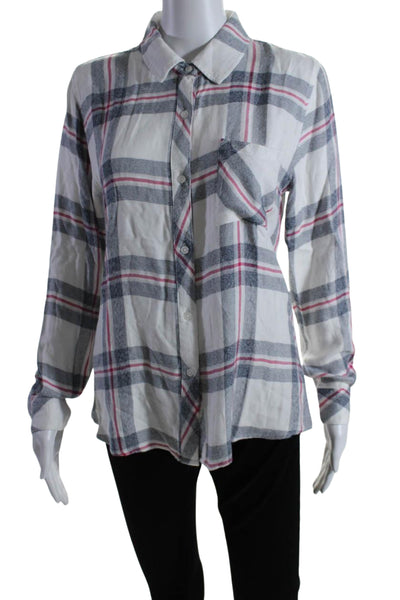 Rails Womens Plaid Print Collared Buttoned Long Sleeve Top White Size S