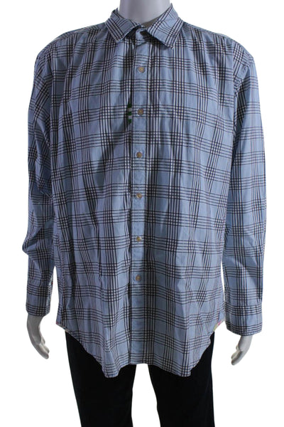 Robert Graham Mens Cotton Striped Print Buttoned Collared Top Blue Size XL