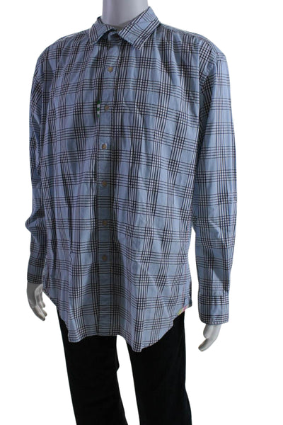 Robert Graham Mens Cotton Striped Print Buttoned Collared Top Blue Size XL