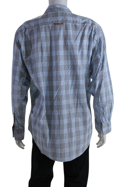 Robert Graham Mens Cotton Striped Print Buttoned Collared Top Blue Size XL