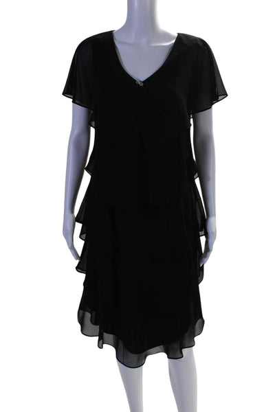 Patra Womens Jeweled Short Wing Sleeves V Neck Tiered Dress Black Size 10