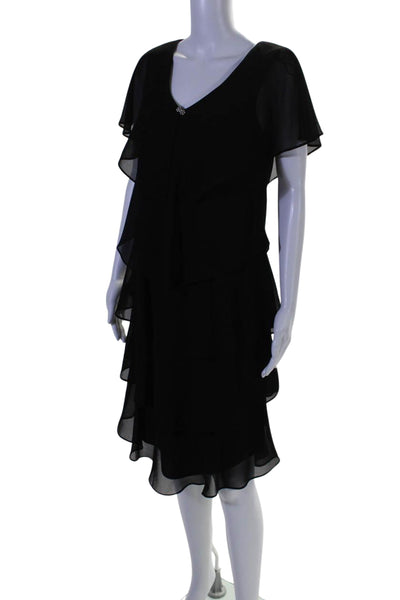 Patra Womens Jeweled Short Wing Sleeves V Neck Tiered Dress Black Size 10