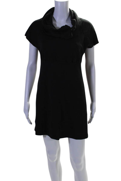 Shin Choi Womens Button High Neck Short Sleeves A Line Dress Black Size Small