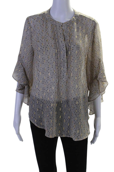 Vince Camuto Womens Gauze Spotted Print Ruffled 3/4 Sleeve Blouse Gray Size M