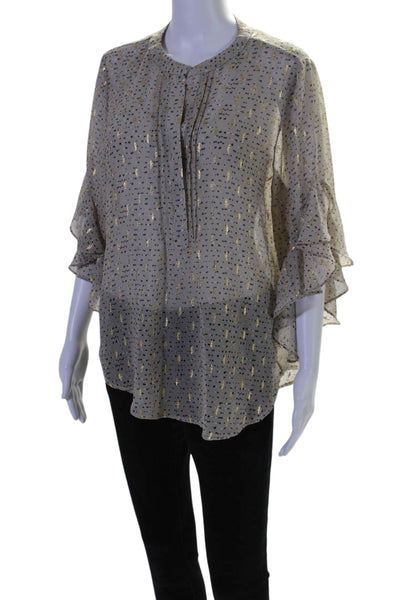 Vince Camuto Womens Gauze Spotted Print Ruffled 3/4 Sleeve Blouse Gray Size M