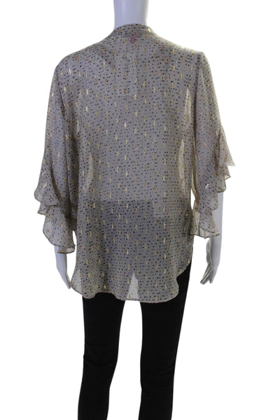 Vince Camuto Womens Gauze Spotted Print Ruffled 3/4 Sleeve Blouse Gray Size M