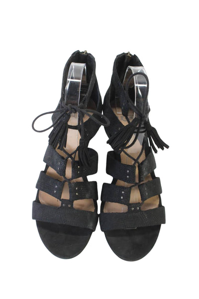 Ugg Women's Open Toe Strappy Tassel Zip Wedge Sandals Black Size 8