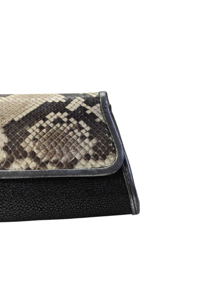 Jalda Womens Snakeskin Embossed Flap Stingray Clutch Handbag Black Brown