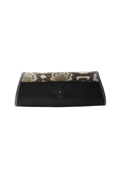 Jalda Womens Snakeskin Embossed Flap Stingray Clutch Handbag Black Brown