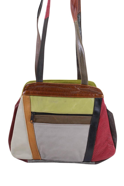 Designer Womens Leather Color Block Open Front Shoulder Handbag Multi Colored