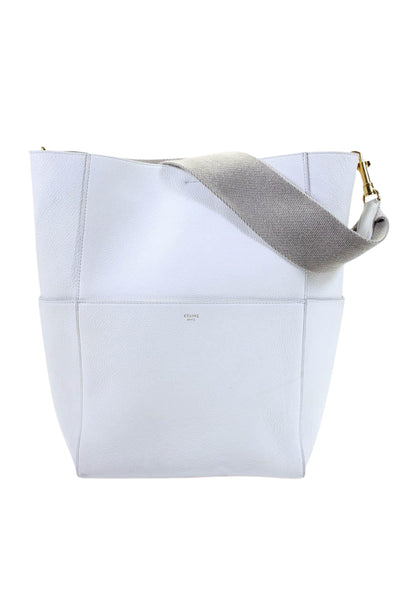 Celine Womens Single Strap Large Calfskin Seau Shoulder Handbag White Gray