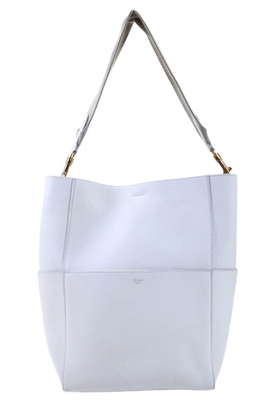 Celine Womens Single Strap Large Calfskin Seau Shoulder Handbag White Gray