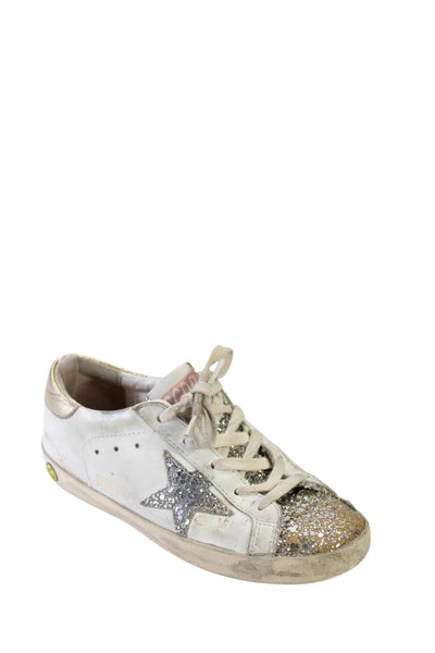 Golden Goose Girls Leather Sparkly Lace Up Low Top Sneakers White Size 32