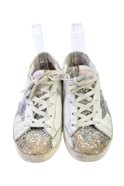 Golden Goose Girls Leather Sparkly Lace Up Low Top Sneakers White Size 32