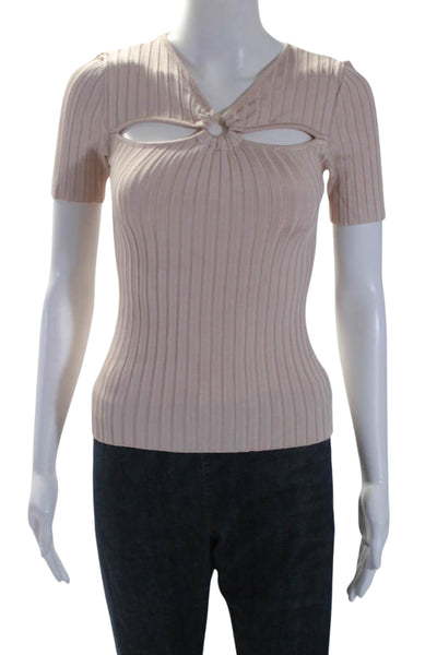 Paola Bernardi Womens Ribbed Textured Cut-Out Short Sleeve Blouse Pink Size PS