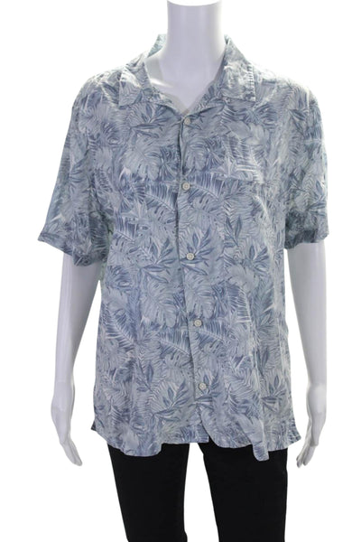 Vince Womens Floral Print Collared Short Sleeve Buttoned-Up Top Blue Size M