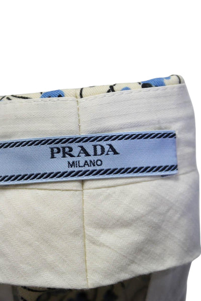 Prada Womens Floral Print Mid Rise Creased Pants Beige Blue Wool Size EUR 40