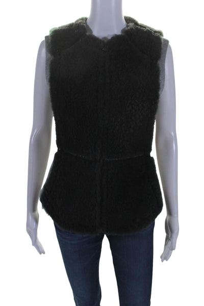 Yigal Azrouel Womens Crew Neck Shearling Trim Vest Jacket Gray Black Wool Size 2