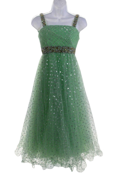 Sherri Hill Womens Square Neck Back Zip Embellished Dress Net Green Size 6