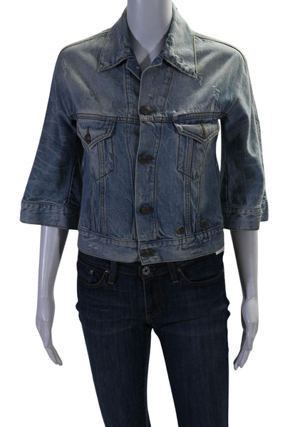 R13 Womens Cotton Distressed 3/4 Sleeve Denim Jacket Blue Size XS