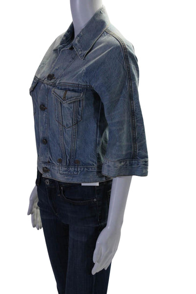 R13 Womens Cotton Distressed 3/4 Sleeve Denim Jacket Blue Size XS