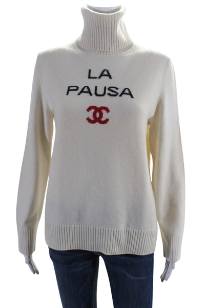 Chanel Womens Cashmere Long Sleeves Turtleneck Sweater White Size EUR 38