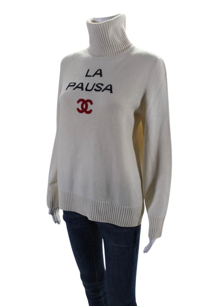 Chanel Womens Cashmere Long Sleeves Turtleneck Sweater White Size EUR 38