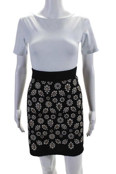 Amelia Toro Womens Floral Crochet Knit Mini A Line Skirt Black Wool Size 6