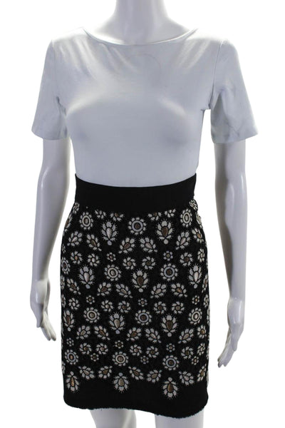 Amelia Toro Womens Floral Crochet Knit Mini A Line Skirt Black Wool Size 6