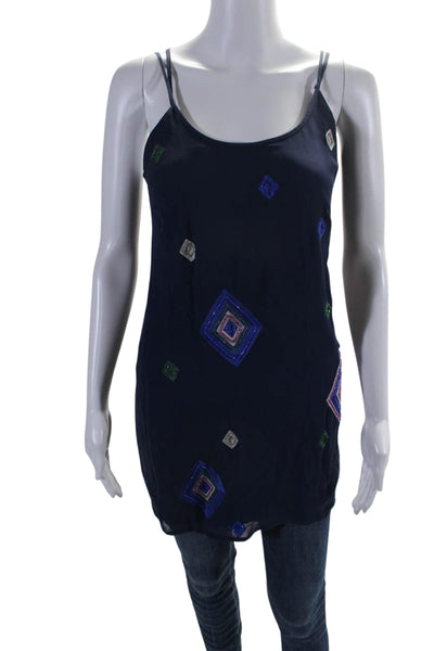 Walter Womens Silk Embroidered Beaded Geometric Sleeveless Blouse Blue Size 0