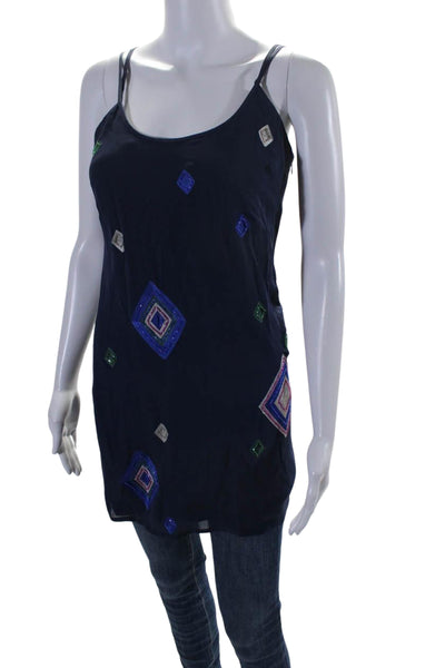 Walter Womens Silk Embroidered Beaded Geometric Sleeveless Blouse Blue Size 0