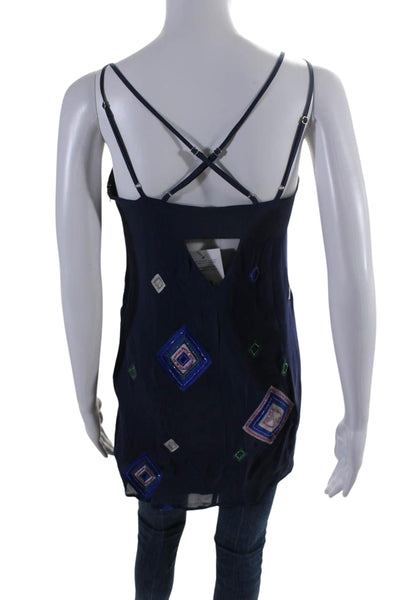 Walter Womens Silk Embroidered Beaded Geometric Sleeveless Blouse Blue Size 0