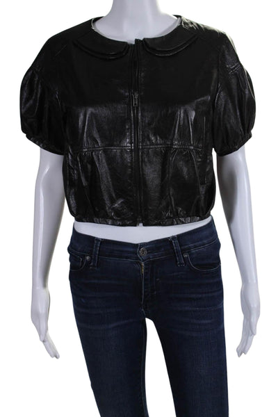 Miu Miu Womens Leather Short Sleeve Full Zip Cropped Jacket Black Size 42