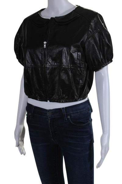 Miu Miu Womens Leather Short Sleeve Full Zip Cropped Jacket Black Size 42