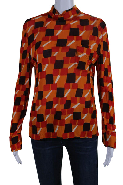 Prada Womens Geometric Print Long Sleeve Mock Neck Blouse Orange Size 40