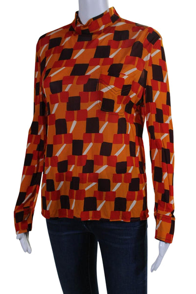 Prada Womens Geometric Print Long Sleeve Mock Neck Blouse Orange Size 40