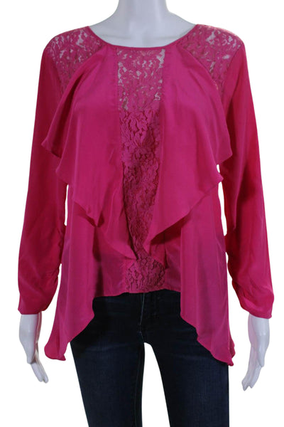 BCBGMAXAZRIA Women's Round Neck Long Sleeves Lace Trim Blouse Pink Size S