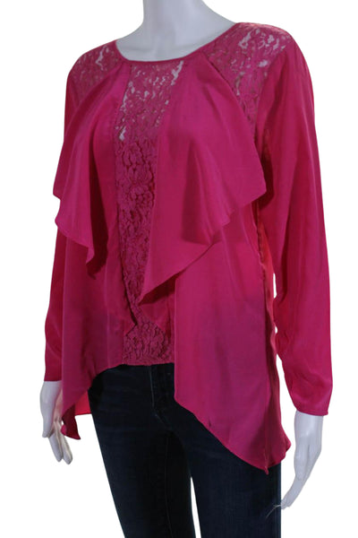 BCBGMAXAZRIA Women's Round Neck Long Sleeves Lace Trim Blouse Pink Size S