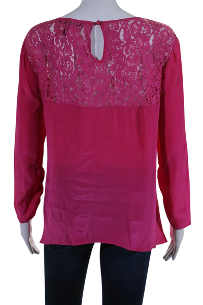 BCBGMAXAZRIA Women's Round Neck Long Sleeves Lace Trim Blouse Pink Size S