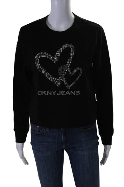 DKNY Jeans Women's Long Sleeves Embellish Pullover Sweatshirt Black Size XS