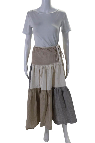 Papallou Women's Tie Waist Lined Color Block Flare Maxi Skirt Beige Size S