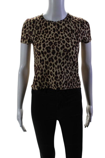 A.L.C. Womens Cotton Animal Print Round Neck Short Sleeve Top Brown Size M