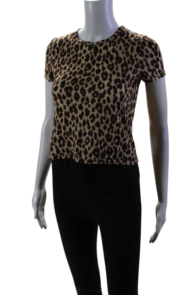 A.L.C. Womens Cotton Animal Print Round Neck Short Sleeve Top Brown Size M