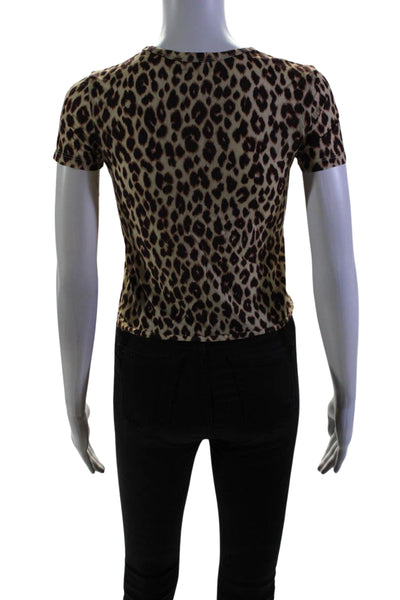 A.L.C. Womens Cotton Animal Print Round Neck Short Sleeve Top Brown Size M